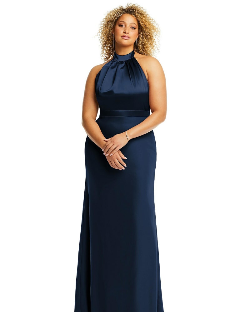 High Neck Open Back Maxi Dress with Scarf Tie Midnight Navy